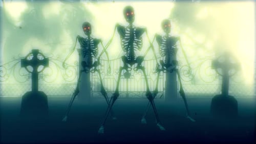 Dancing Skeletons in the Cemetery at Night Skeletons with