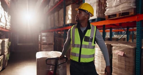 Pallet trolley, man and boxes in warehouse, logistics and shipping with inventory