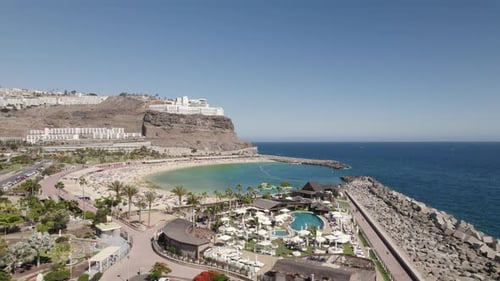 Aerial view of the sandy beach at the resort on the island, place to rest and relax
