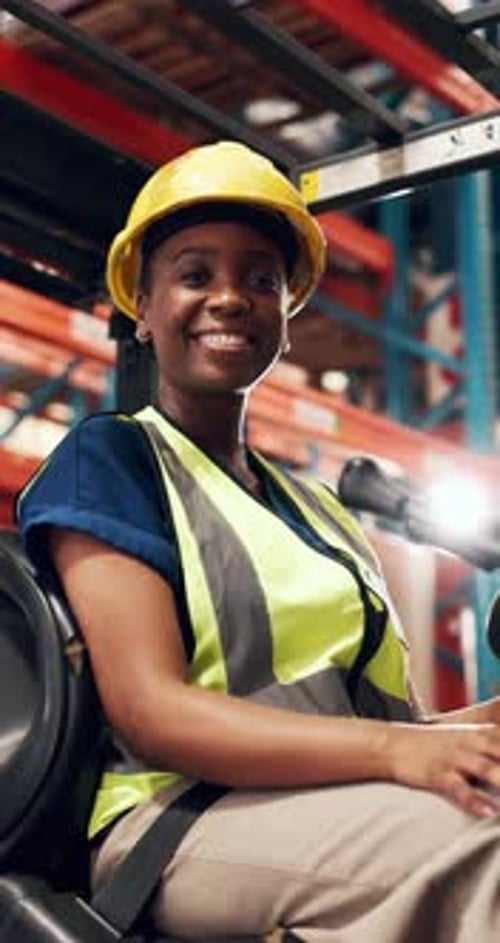 Face, forklift or black woman in warehouse, smile or logistics with delivery schedule