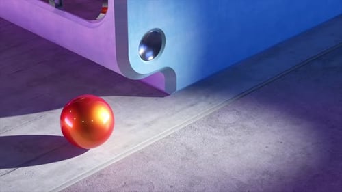 A Vibrant Red Sphere Rests Near a Modern Architectural Structure Illuminated By Colorful Lighting