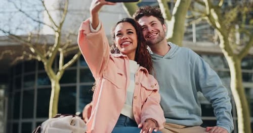 Selfie, peace sign and a couple at college posing for a picture together as a memory on university