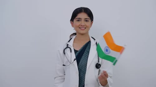 Indian Female Doctor Waving Indian Flag