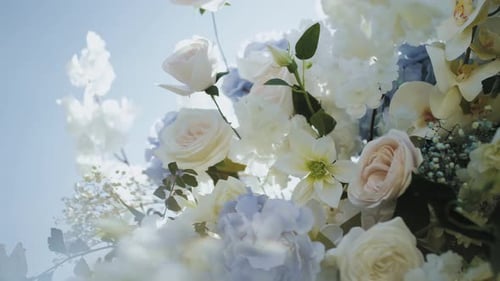 Closeup of Wedding Arch Decorated with Flowers in White and Blue Colors Roses Chrysanthemums and