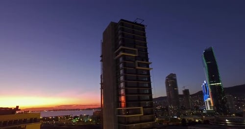 izmir flagged residences and city night drone view