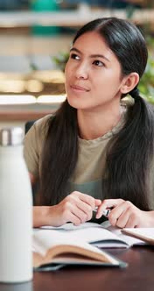 Books, tutoring and girl in home for exam, test or entrance assignment with scholarship