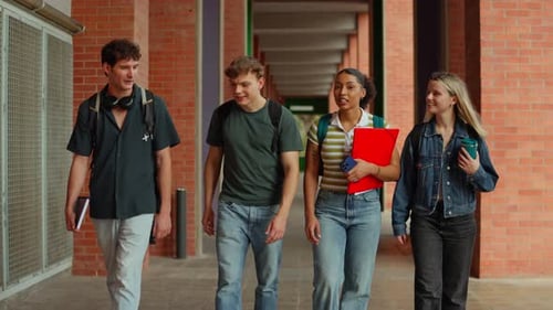 Diverse Group of University Students Walking and Talking on Campus