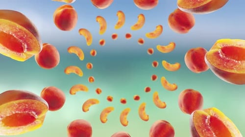 Flying Peach and Peaches Slices in Beach Tropical Summer Background