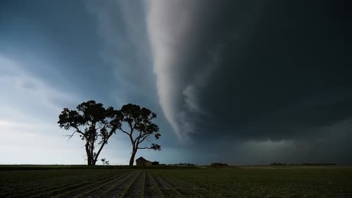 Big Storm Clouds Turn The Sky Scary And Dark And Wind Blows The Trees.