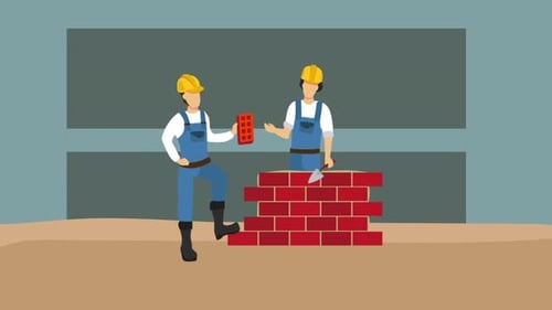 Flat Design Animation of Construction Workers Laying Bricks