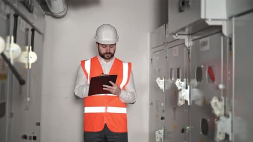 Engineer Inspecting Electrical Equipment in Workplace