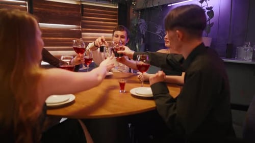 Meeting of Friends in Restaurant Young People Clinking Glasses Bday Party Happy Adult Men and Women