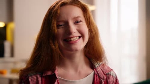 Happy Smiling Laughing Caucasian Girl Good Mood Headshot Woman at Home Satisfied Smile Looking at