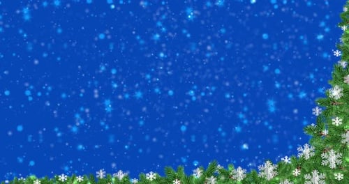 Christmas Evergreen Frame with Falling Snowflakes and Particles