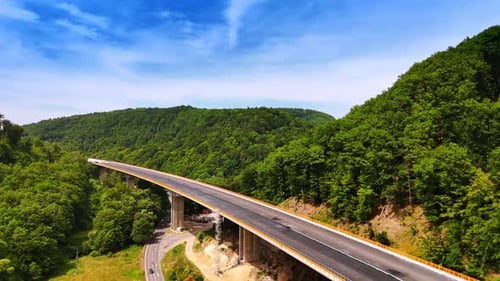 Scenic bridge in lush landscape. Elevated highway curves through dense greenery