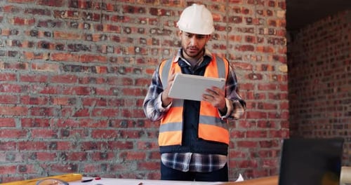 Tablet, man and confused at construction site with engineering app, space or online schedule
