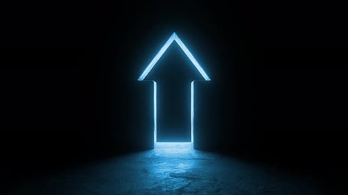Glowing arrow shaped door opening in dark room