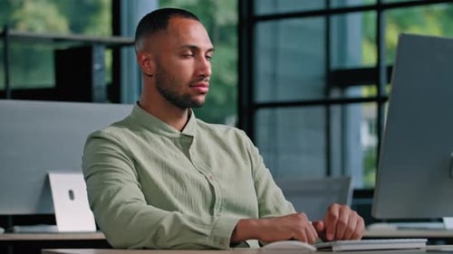 In Office Workplace with Computer African American Business Guy Man Worker Manager Entrepreneur Man
