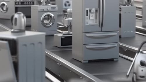 Household appliance and home kitchen technics on conveyor roller belt in distribution warehouse.