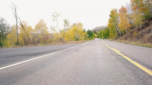 aerial of Colorado road, mountainside with aspen trees fall foliage and evergreens