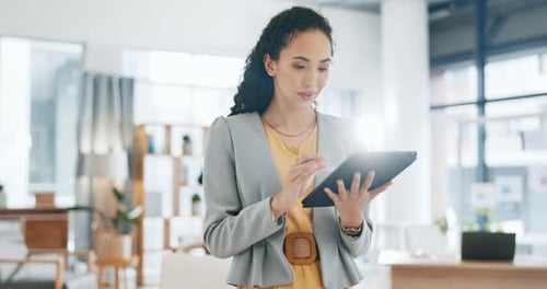 Internet, tablet and business woman in office for social media, networking and website research