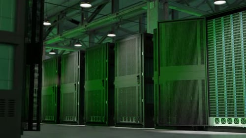 Flashing green light in warehouse with cloud data storage servers; 3D render