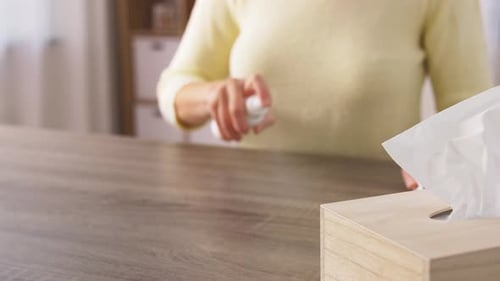 House Cleaning, Hygiene and Disinfection Concept - Close Up of Woman Or
