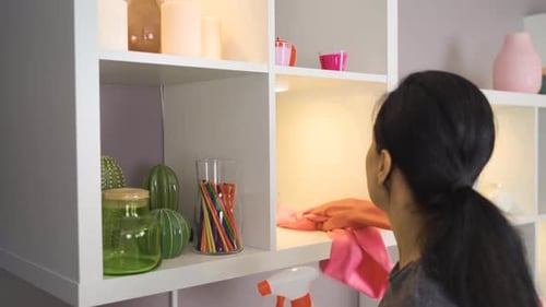 Wiping dust with cloth. Woman cleaning the house.