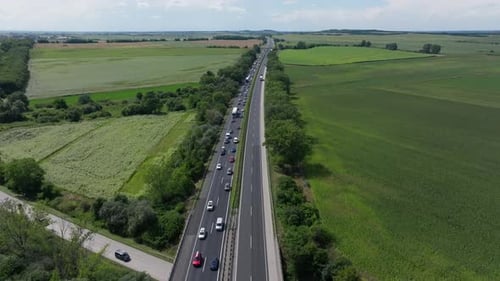 Aerial Footage of Congested Autobahn in German Countryside