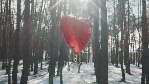 Red Foil Heart Balloon Floating In Winter Forest With Sun Flare