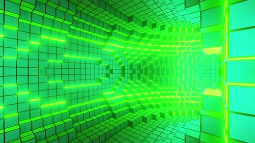 Green abstract background inside rotating pixel torus tunnel 3d render. Seamless looped. NFT