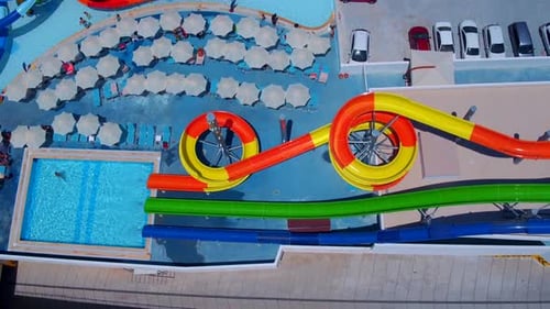 Aerial View of Waterpark with Colorful Waterslides
