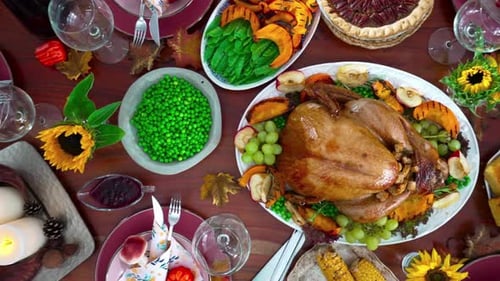 Overhead View of Delicious Thanksgiving Feast with Turkey