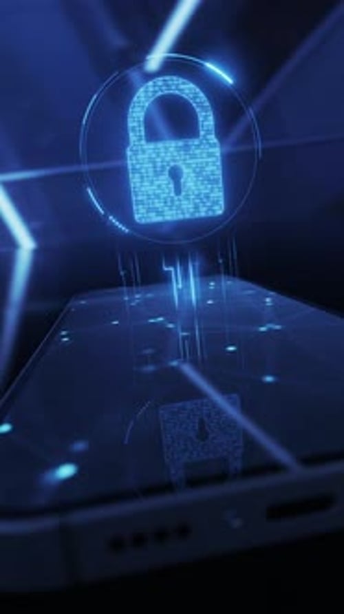 Icono de bloqueo de ciberseguridad, holograma y concepto de protección de datos y privacidad de teléfonos inteligentes o antivirus