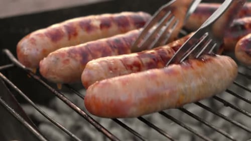 Grilled Sausages Cook Man Preparing Grilling Food Bbq Barbecue with Smoke Flame Outdoors Tasty Juicy