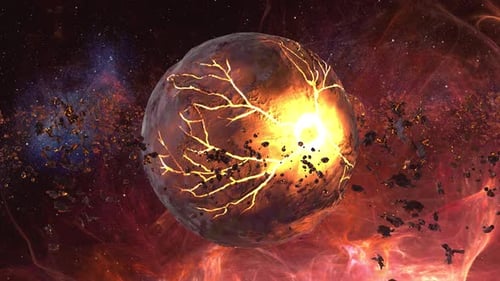 Dying planet surrounded with asteroid belt and nebula.