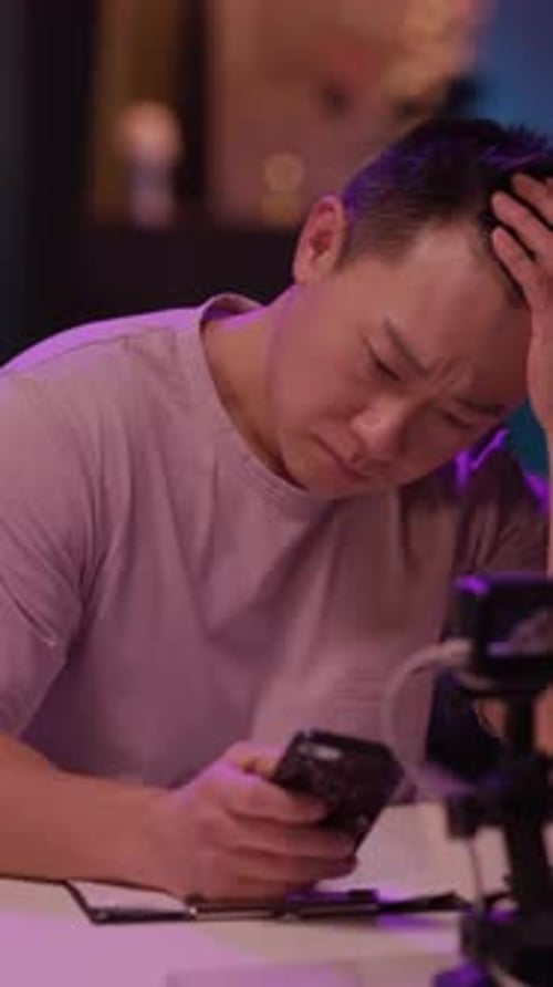 Man looks stressed using a mobile phone