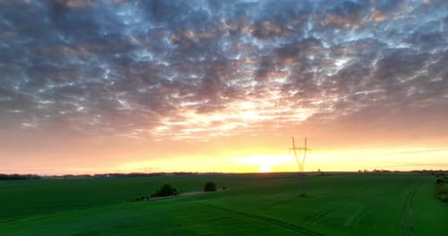 Sunrise Over Green Field with Electricity Pylon