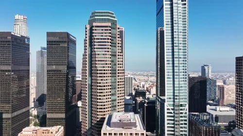 Flying Above LA Cityscape Aerial Los Angeles Urban View Los Angeles Skyscrapers From Sky Aerial View