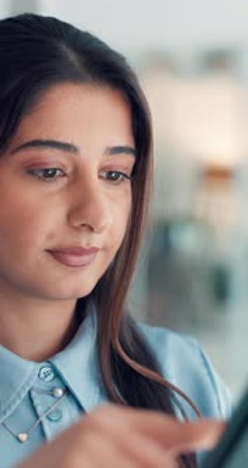 Business, tablet and woman in office, scroll and feedback with research for article