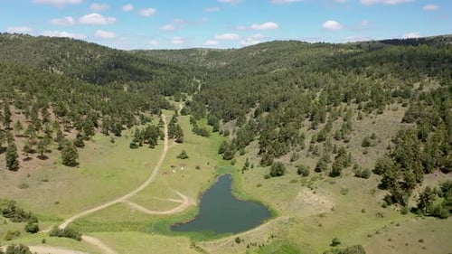 Vue aérienne du lac dans la zone forestière et des personnes campant au bord du lac 2