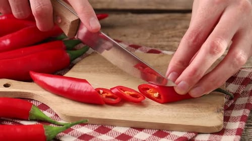Woman cutting red chili pepper at wooden table, closeup