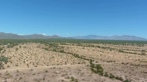 Aerial shot of the Sonoran desert with mountains in the distance in Arizona, slow moving drone shot