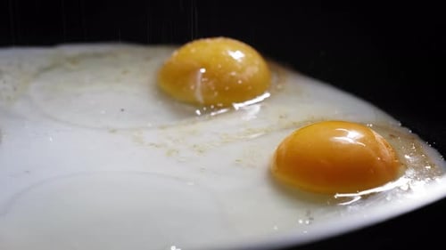 Extreme Close Up Of Sunny Side Up Eggs Cooking In A Pan, Sprinkled With Salt And Pepper.