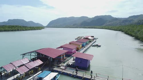 Drone shot of floating houses on waters, Langkawi, Malaysia