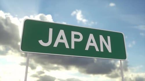 Welcome to Japan road sign on blue sky with clouds