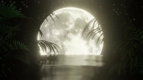 Serene Full Moon Reflecting on Water with Tropical Foliage