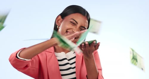 Smiling Woman Tossing Stack of Euro Notes
