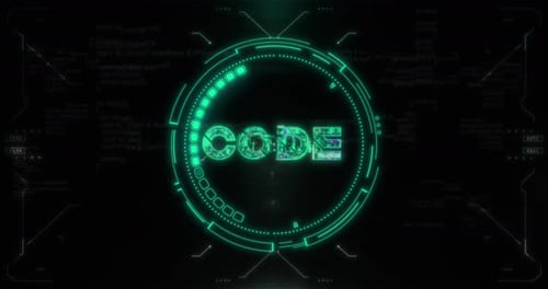 Futuristic HUD Interface with Glitch Effect and Data Code Display