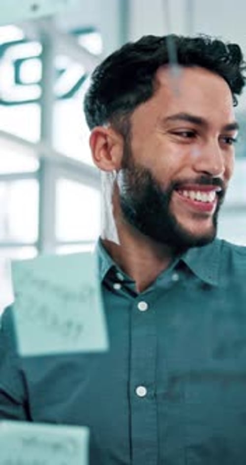 Planning, sticky notes and business man in office for brainstorming ideas